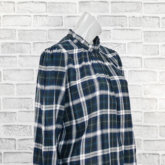 Trovata Birds of Paradis Mock Neck Blouse Green Plaid Cotton size Large - Picture 9 of 9